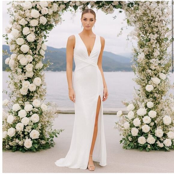 MAC DUGGAL Dress Size 12 Evening Gown Sequin White V Neck Wrap NEW - Picture 1 of 10